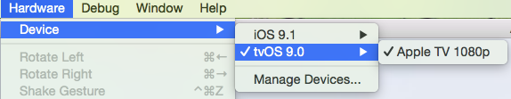 tvOS simulator settings - device