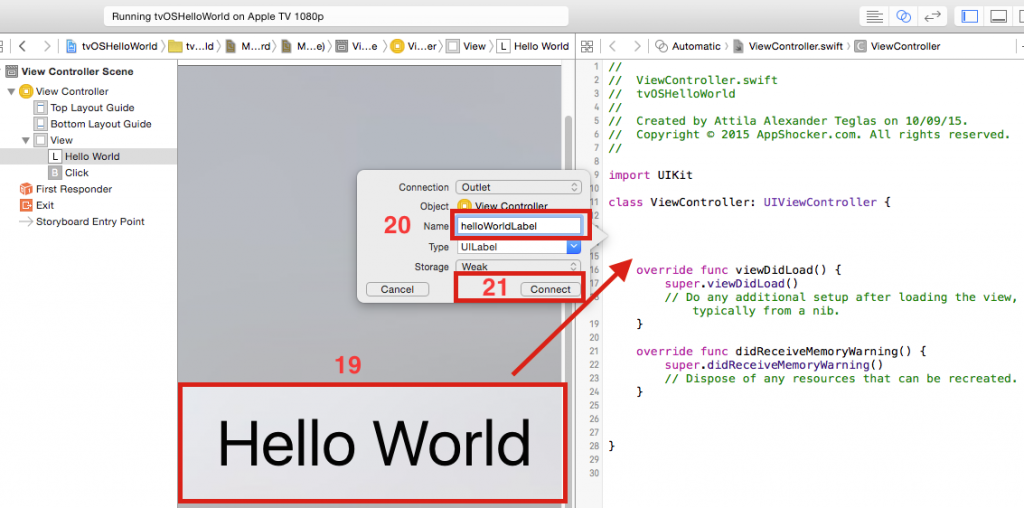 tvOS Creating an IBOutlet for the Label.